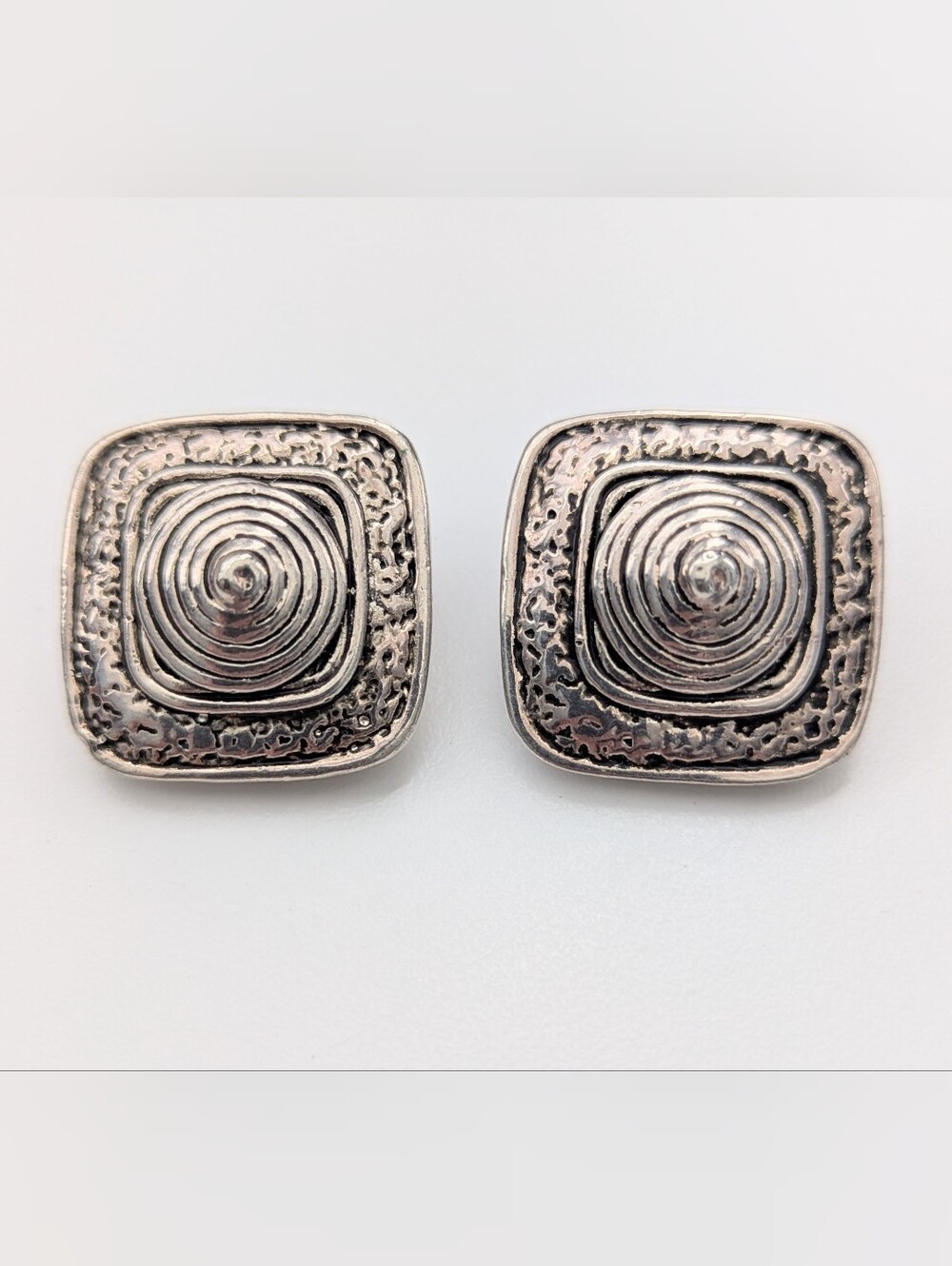 Vintage 1980's Silver-Tone Textured Spiral Clip-On Square Earrings